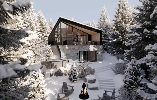 Exterior view of one of the houses for sale in Mont Tremblant in wintertime