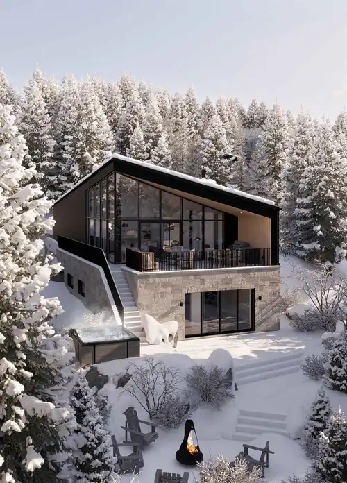 Superbe vue d’une maison à deux étages à vendre à Mont Tremblant, entourée de sapins et de neige