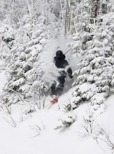 Un skieur qui dévale des pentes enneigées près de chalets à Mont Tremblant